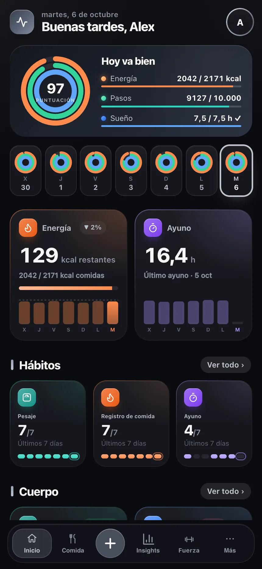 Panel diario de TempoLife con los siguientes pasos y el progreso de salud