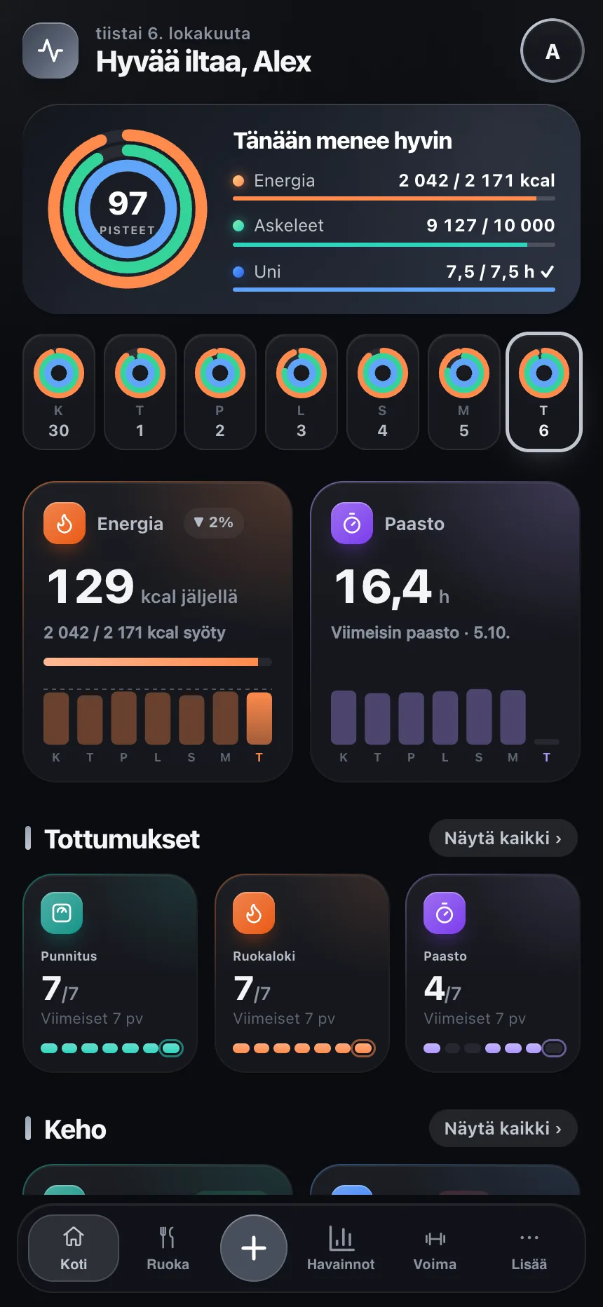 TempoLifen päivänäkymä ja terveyden edistymisen seuranta