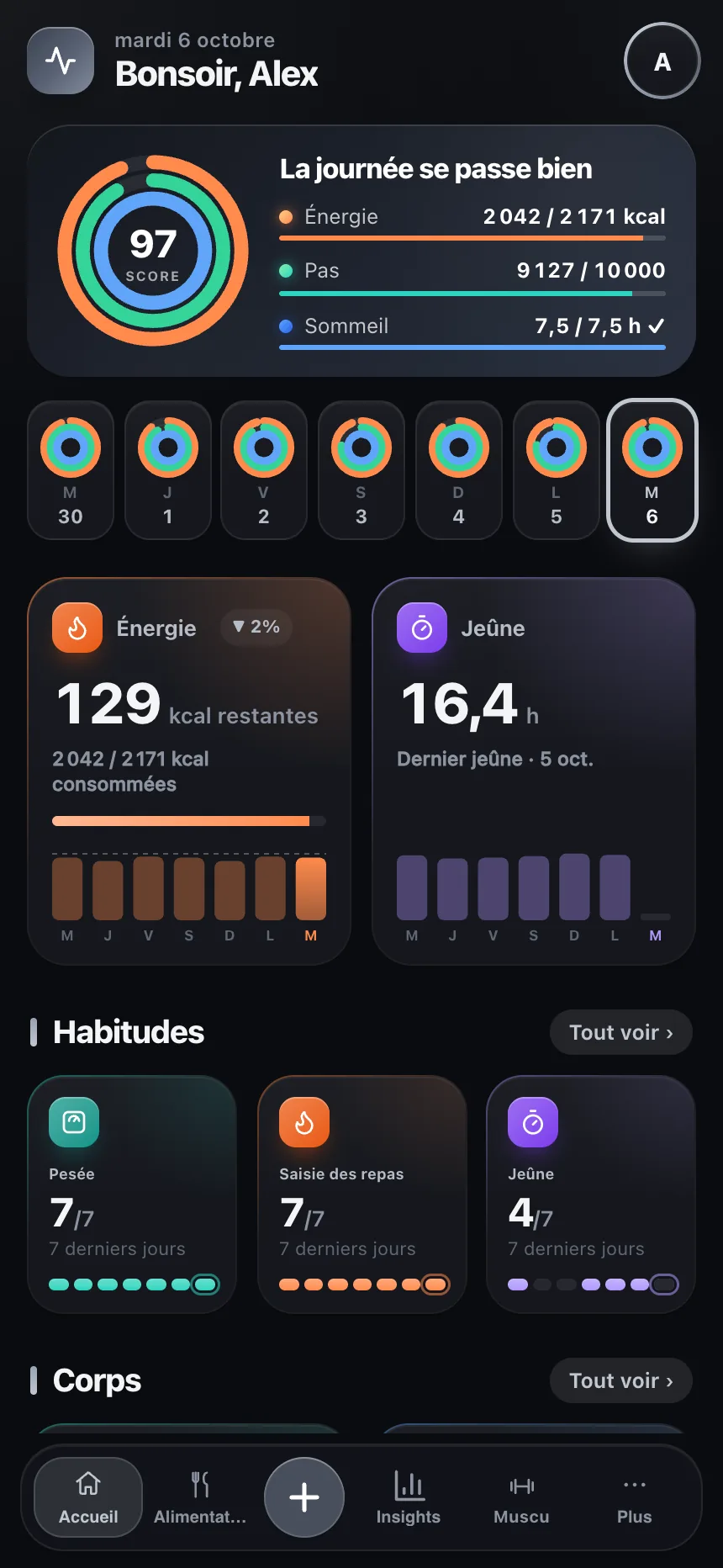 Tableau de bord quotidien de TempoLife avec prochaines étapes et progression santé