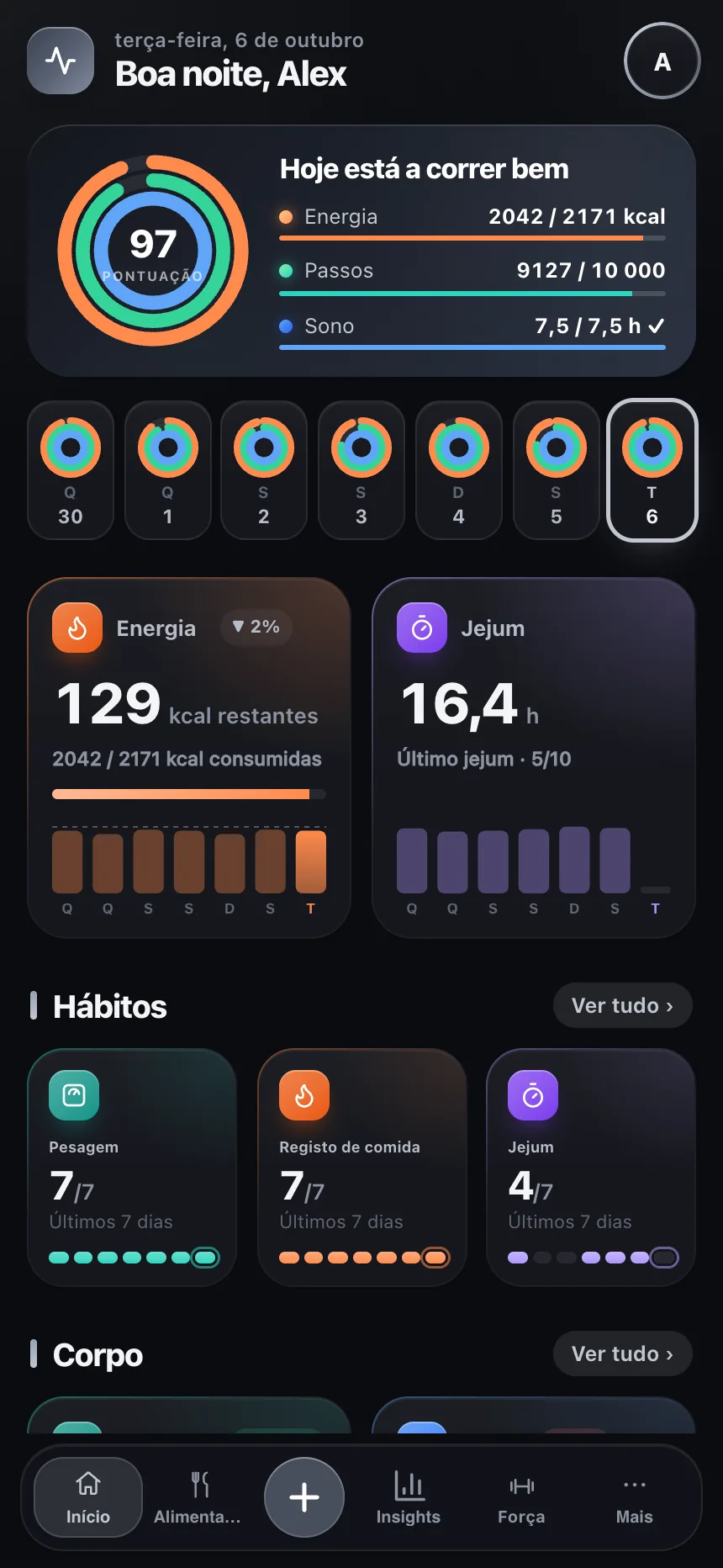 Painel diário do TempoLife com passos seguintes e progresso de saúde