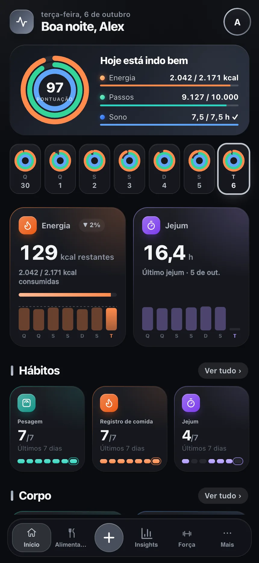 Painel diário do TempoLife com próximos passos e progresso de saúde