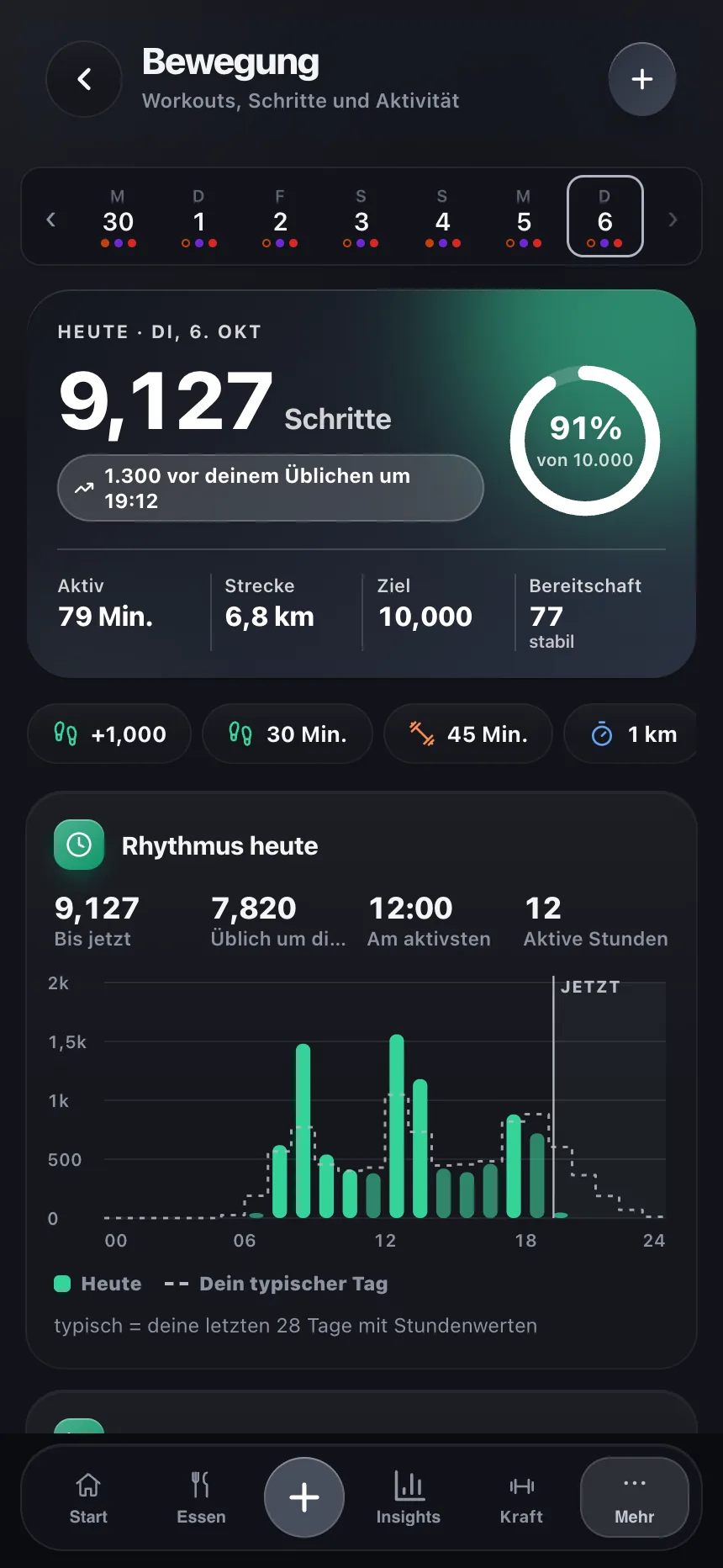 TempoLife-Bewegungsbildschirm mit Workouts und Schritten