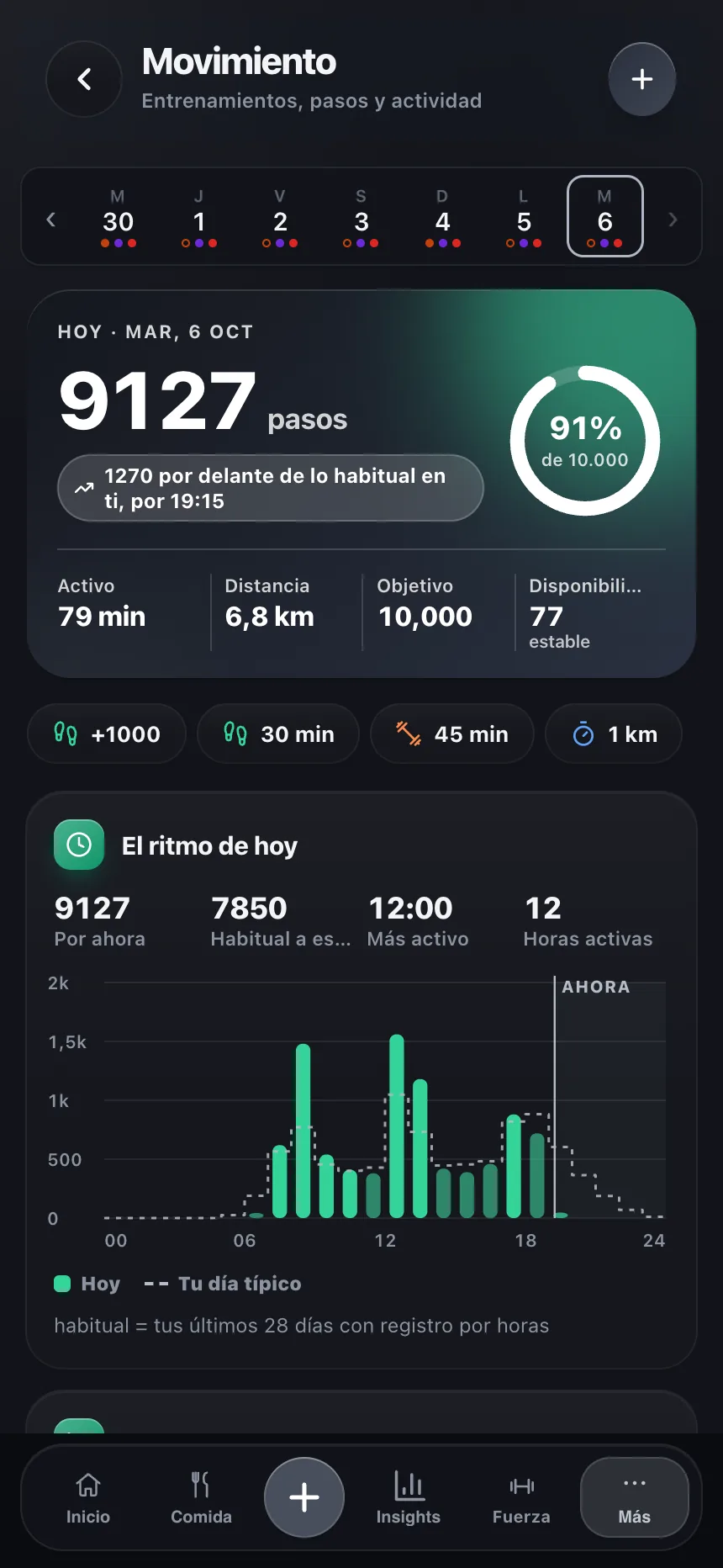 Pantalla de movimiento de TempoLife con entrenamientos y pasos