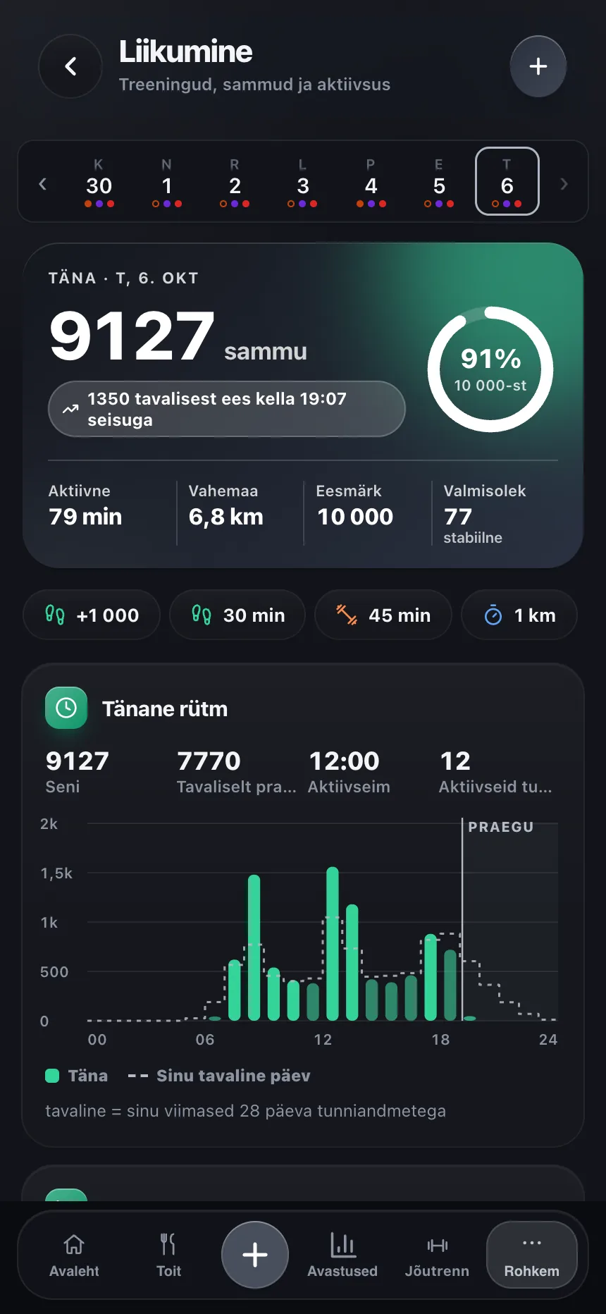 TempoLife'i liikumise vaade treeningute ja sammudega