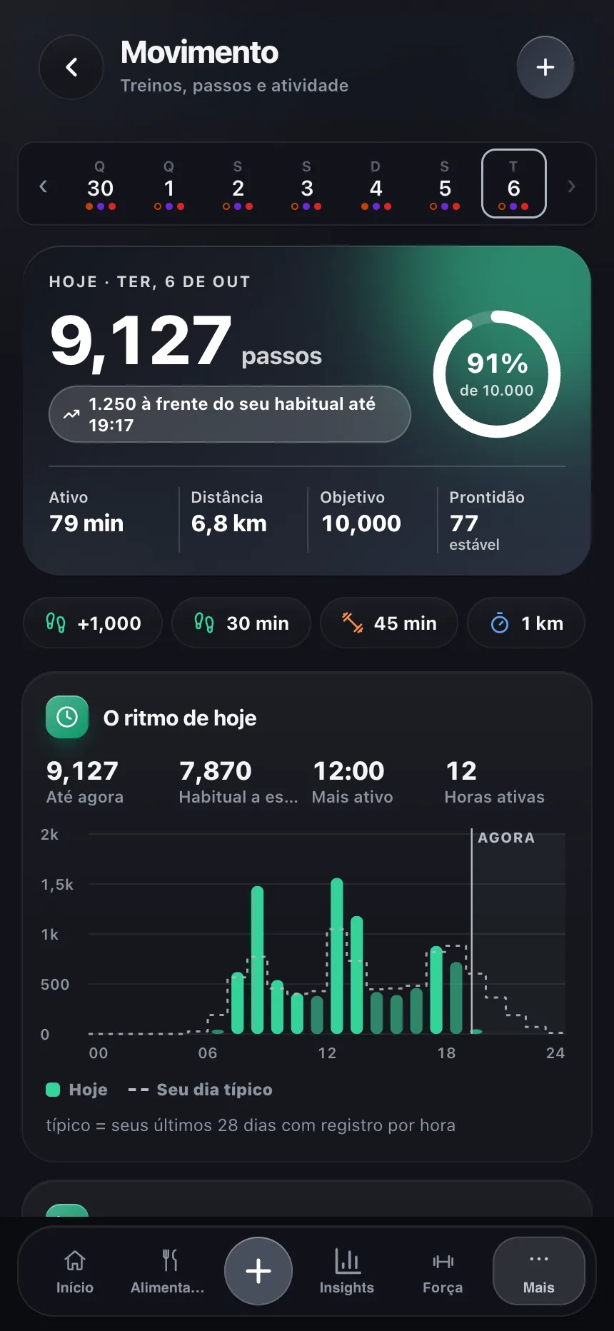 Tela de movimento do TempoLife com treinos e passos