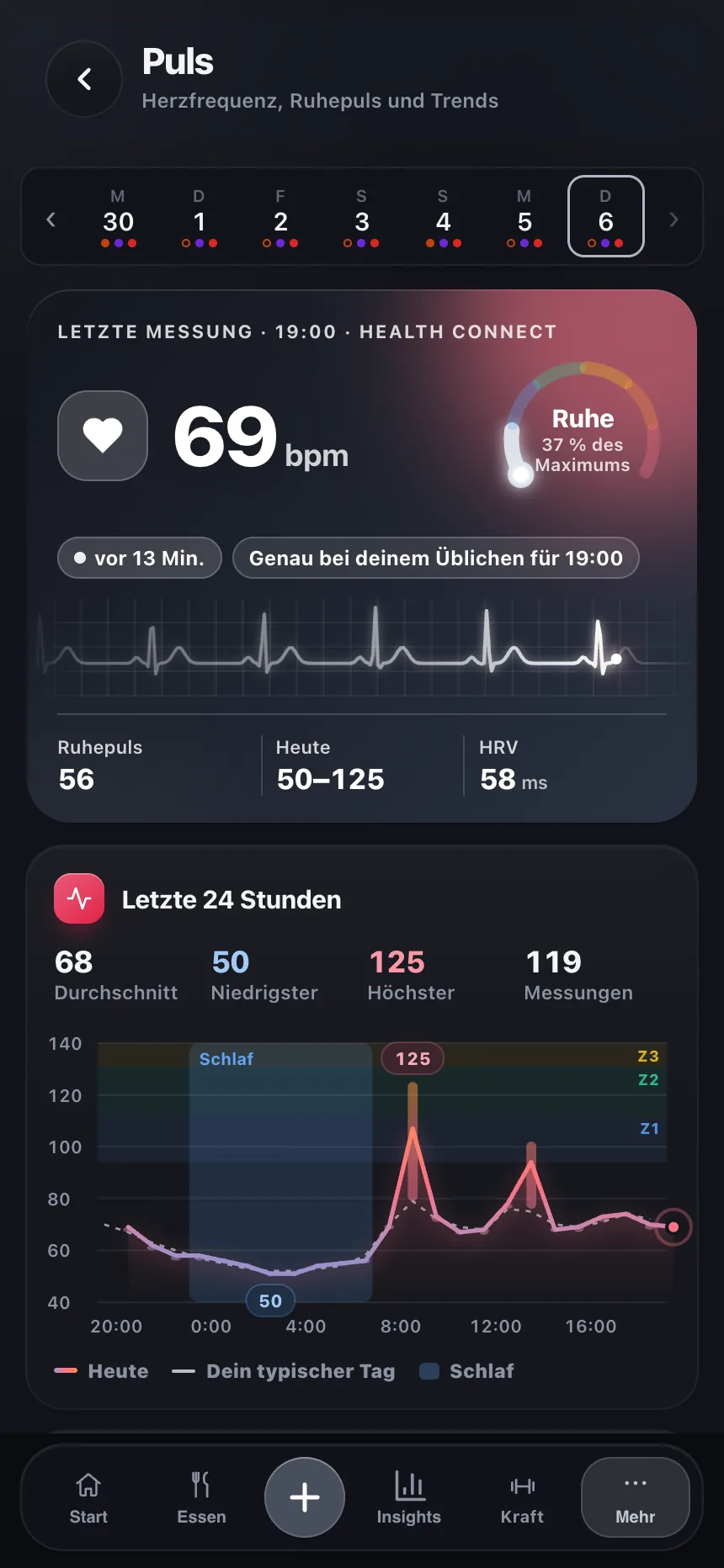 TempoLife-Puls-Bildschirm mit Herzfrequenz, HRV und Erholungsdaten