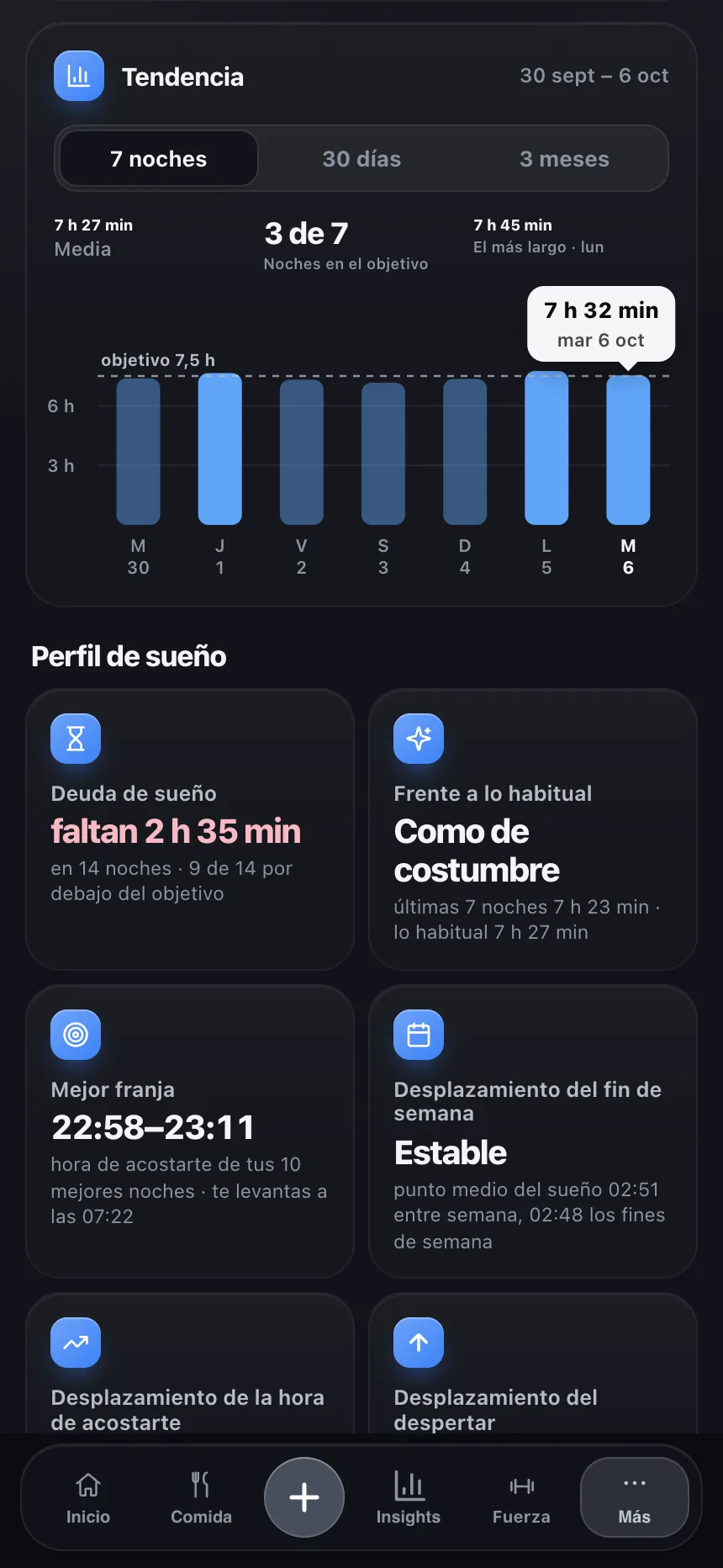 Pantalla de registro y seguimiento del sueño de TempoLife