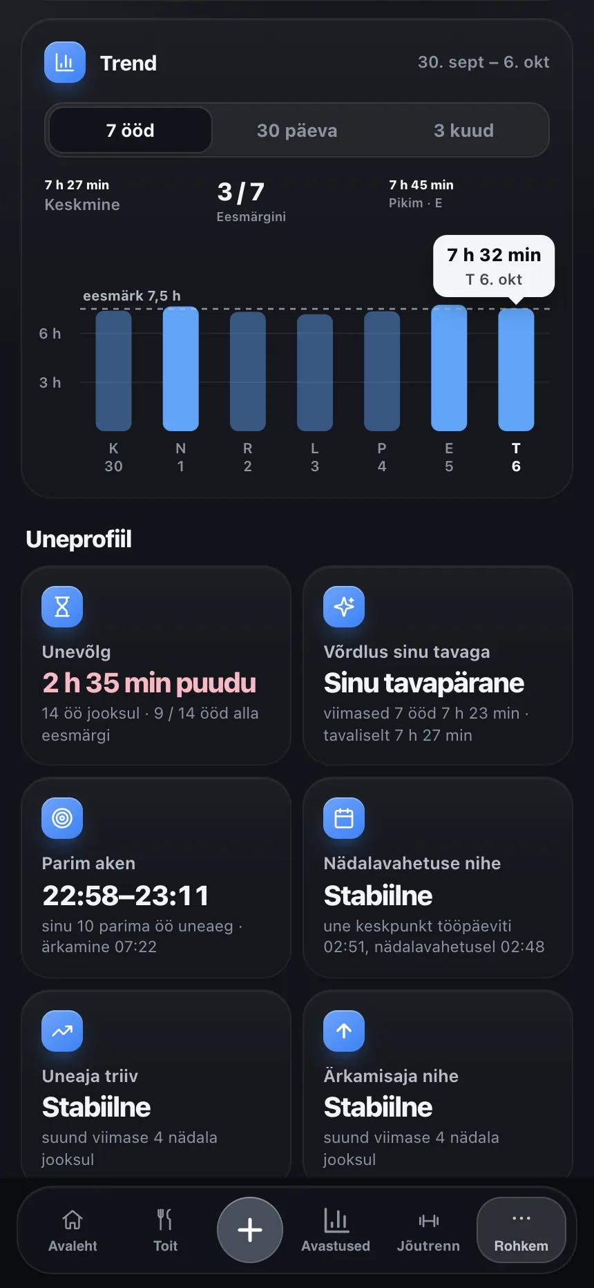 TempoLife'i une sisestamise ja jälgimise vaade