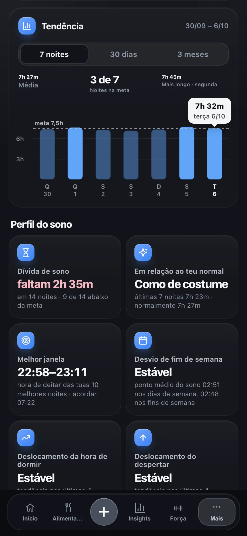 Ecrã de registo e acompanhamento de sono do TempoLife