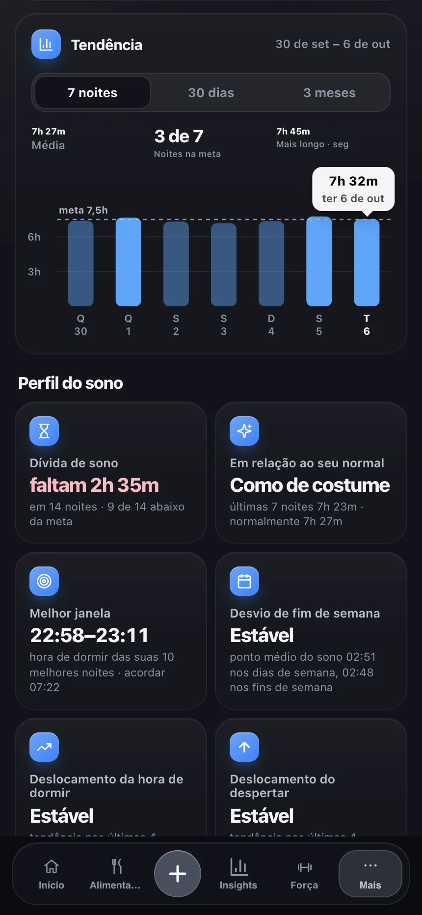 Tela de registro e acompanhamento de sono do TempoLife