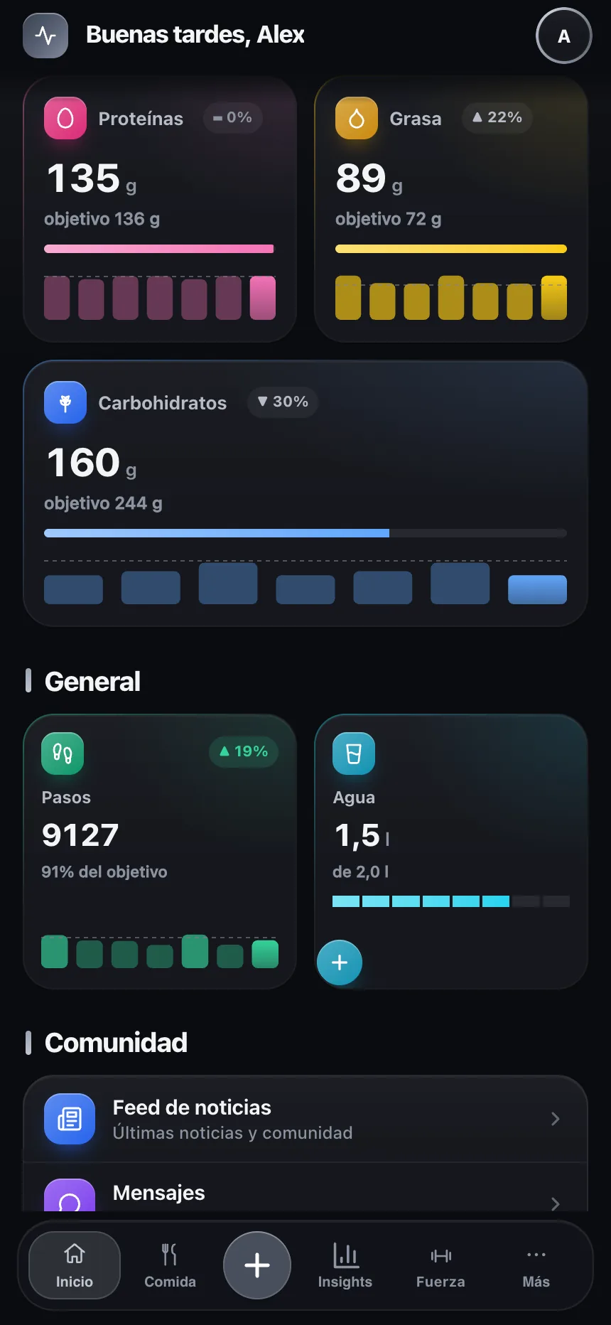 Pantalla de nutrición de TempoLife con los objetivos de calorías y macros y las herramientas de nutrición con IA