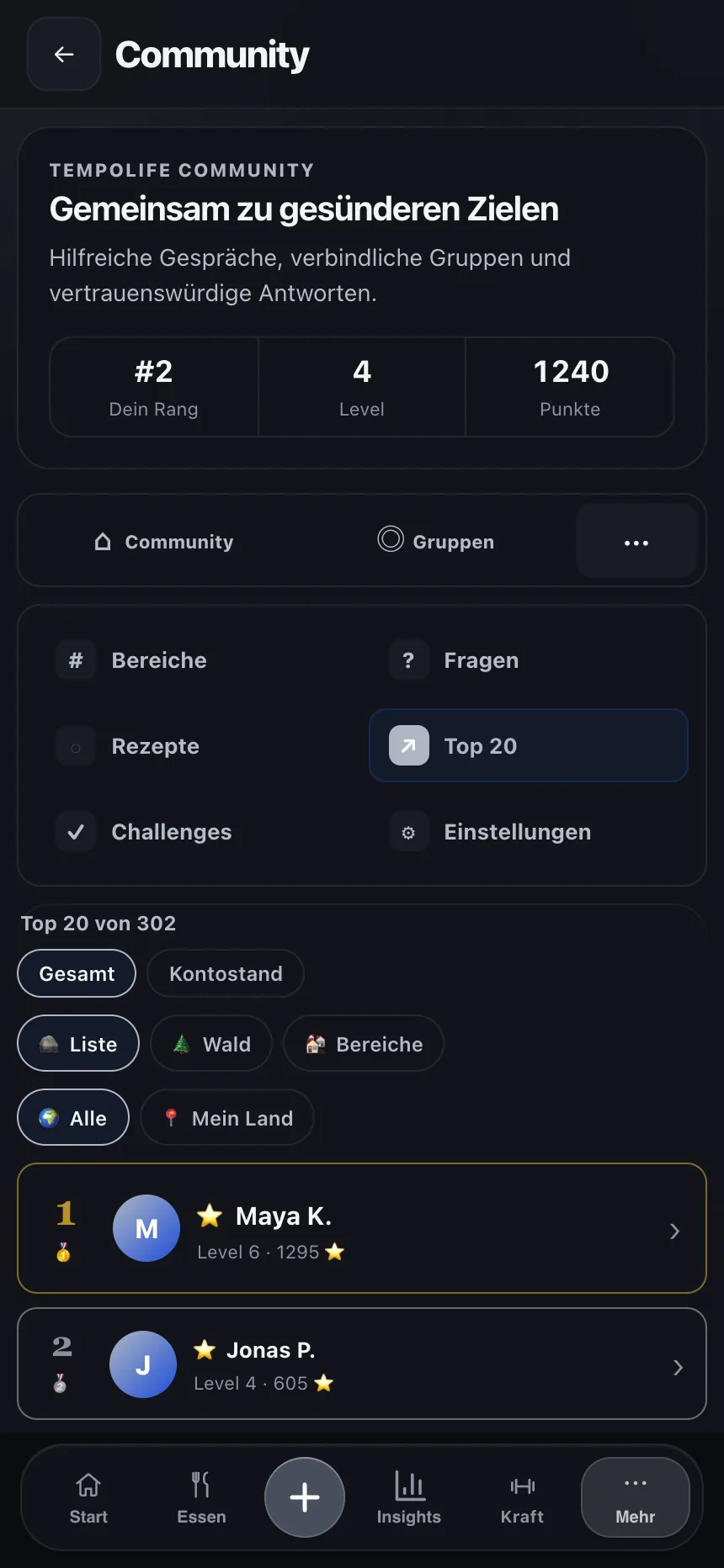 TempoLife-Community-Bildschirm mit Freunden, Gruppen und Zuspruch
