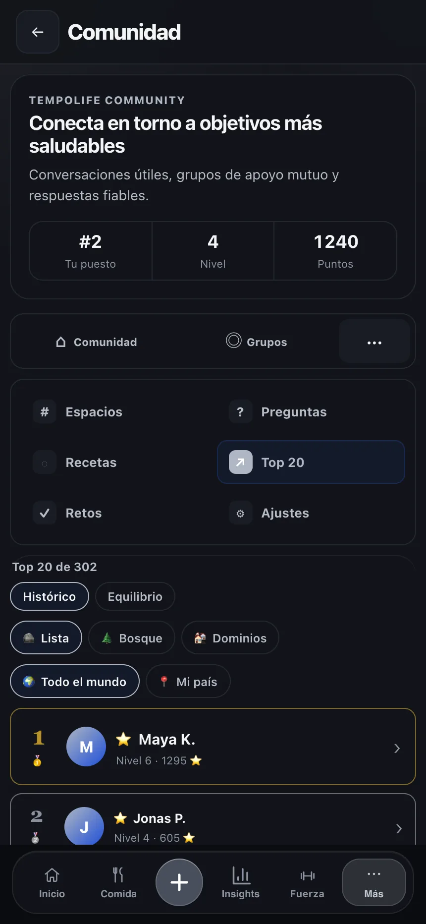 Pantalla de comunidad de TempoLife con amistades, grupos y ánimos