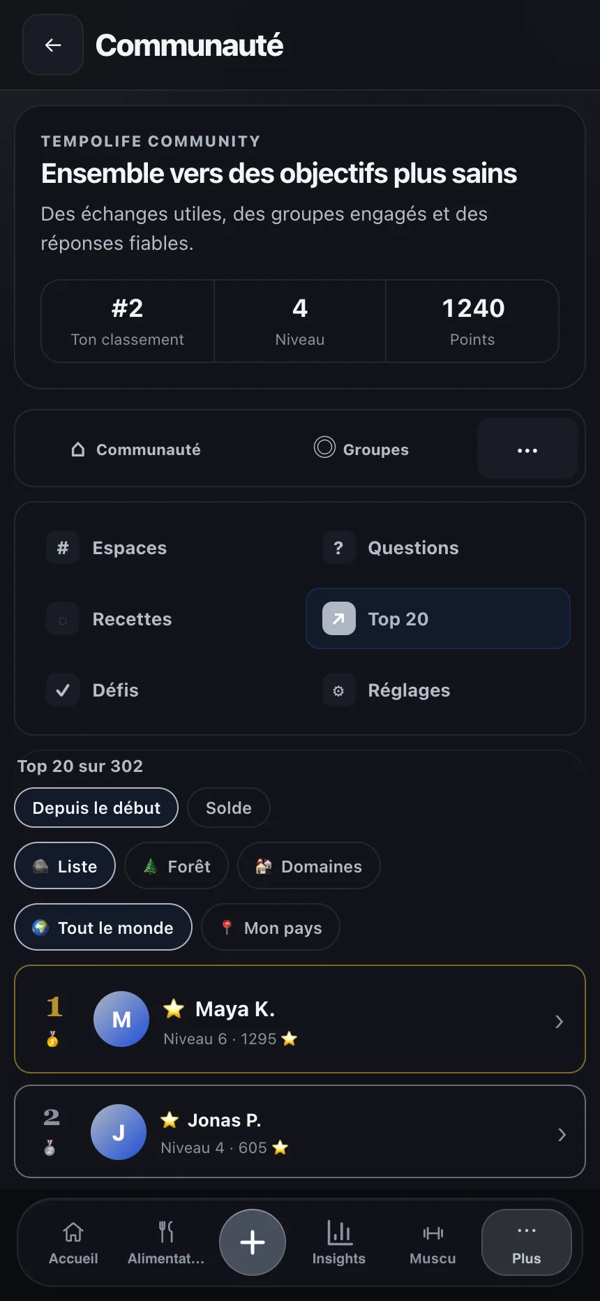 Écran communauté de TempoLife avec amis, groupes et encouragements