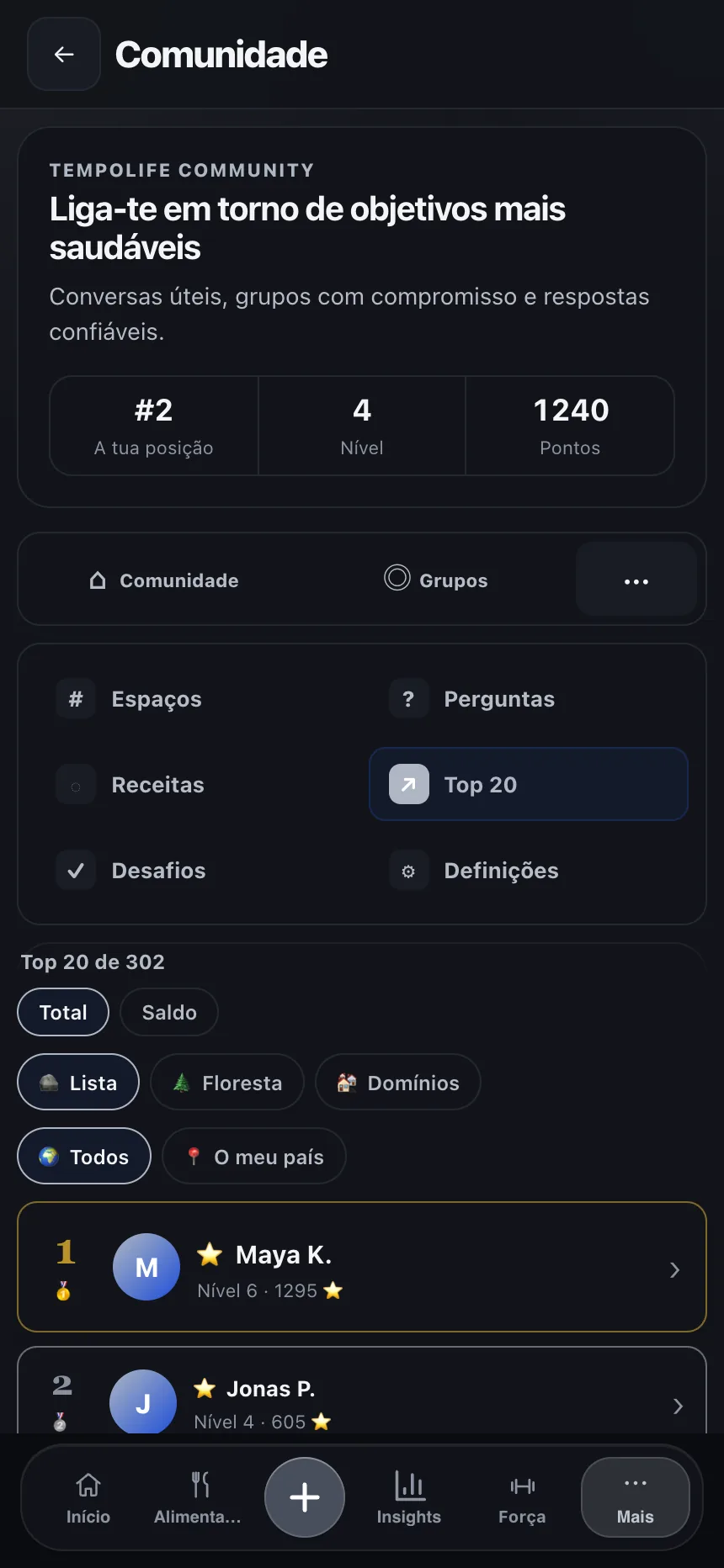 Ecrã da comunidade do TempoLife com amigos, grupos e incentivo