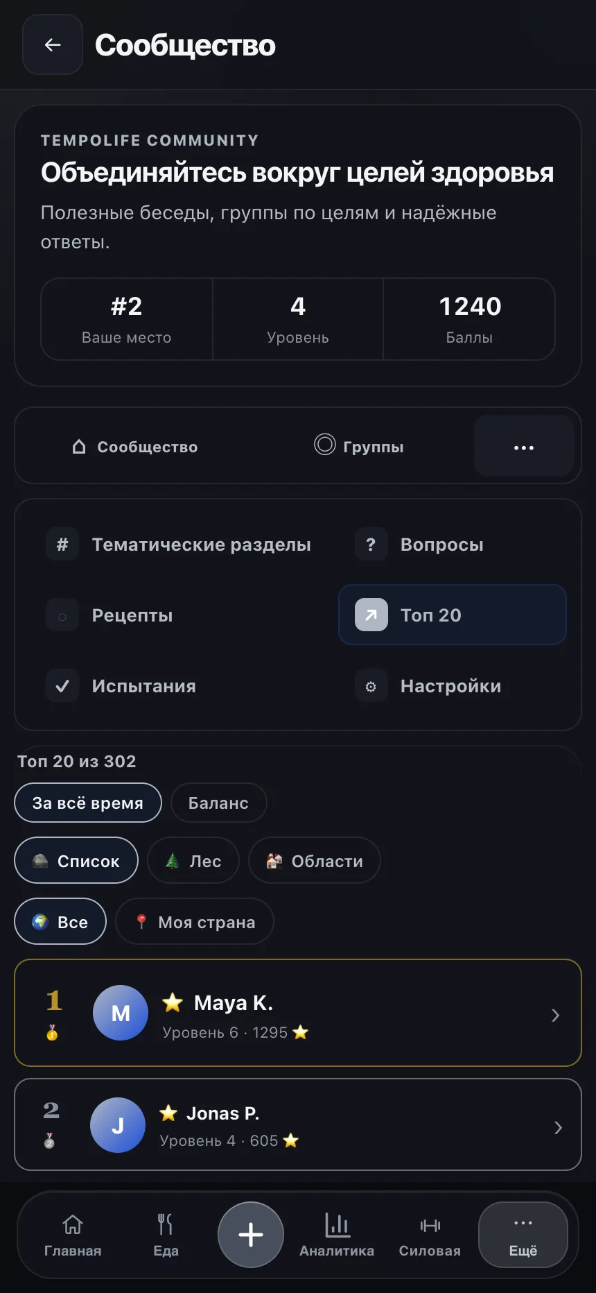 Экран сообщества TempoLife с друзьями, группами и поддержкой