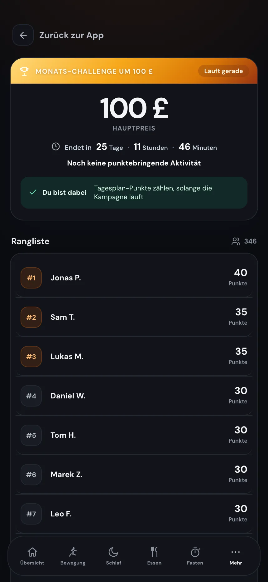 TempoLife-Bestenliste der Monats-Challenge und tägliche Missionen