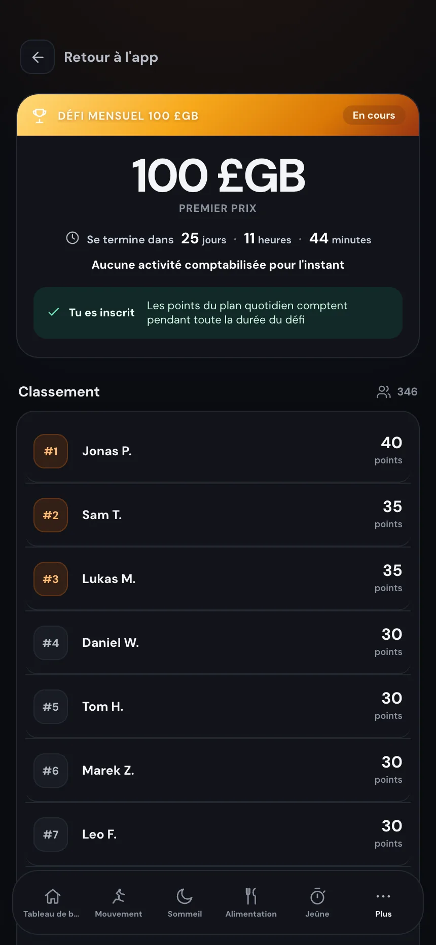 Classement du défi mensuel TempoLife et missions quotidiennes