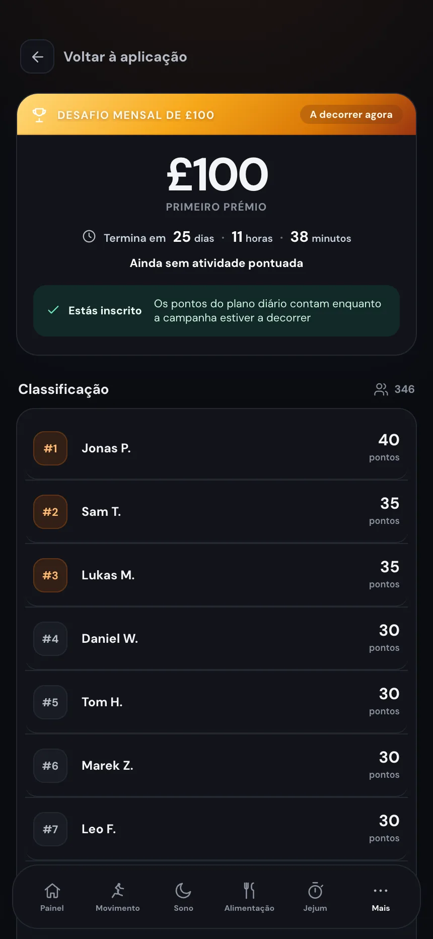 Classificação do desafio mensal do TempoLife e missões diárias