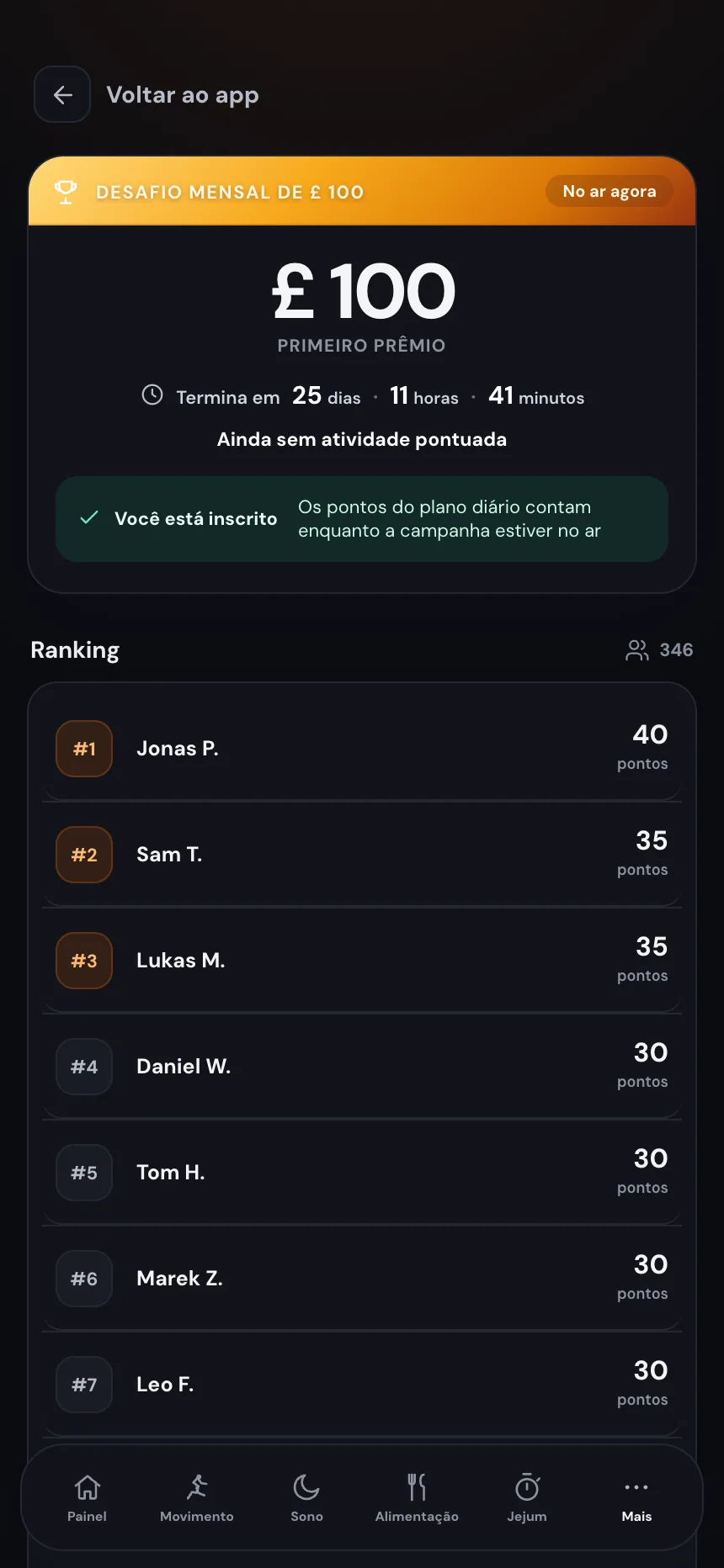 Ranking do desafio mensal do TempoLife e missões diárias