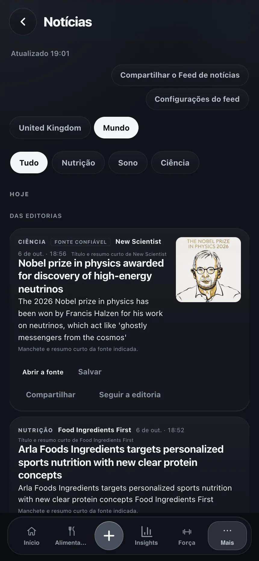 Feed de notícias do TempoLife com notícias de saúde e uma seleção pessoal