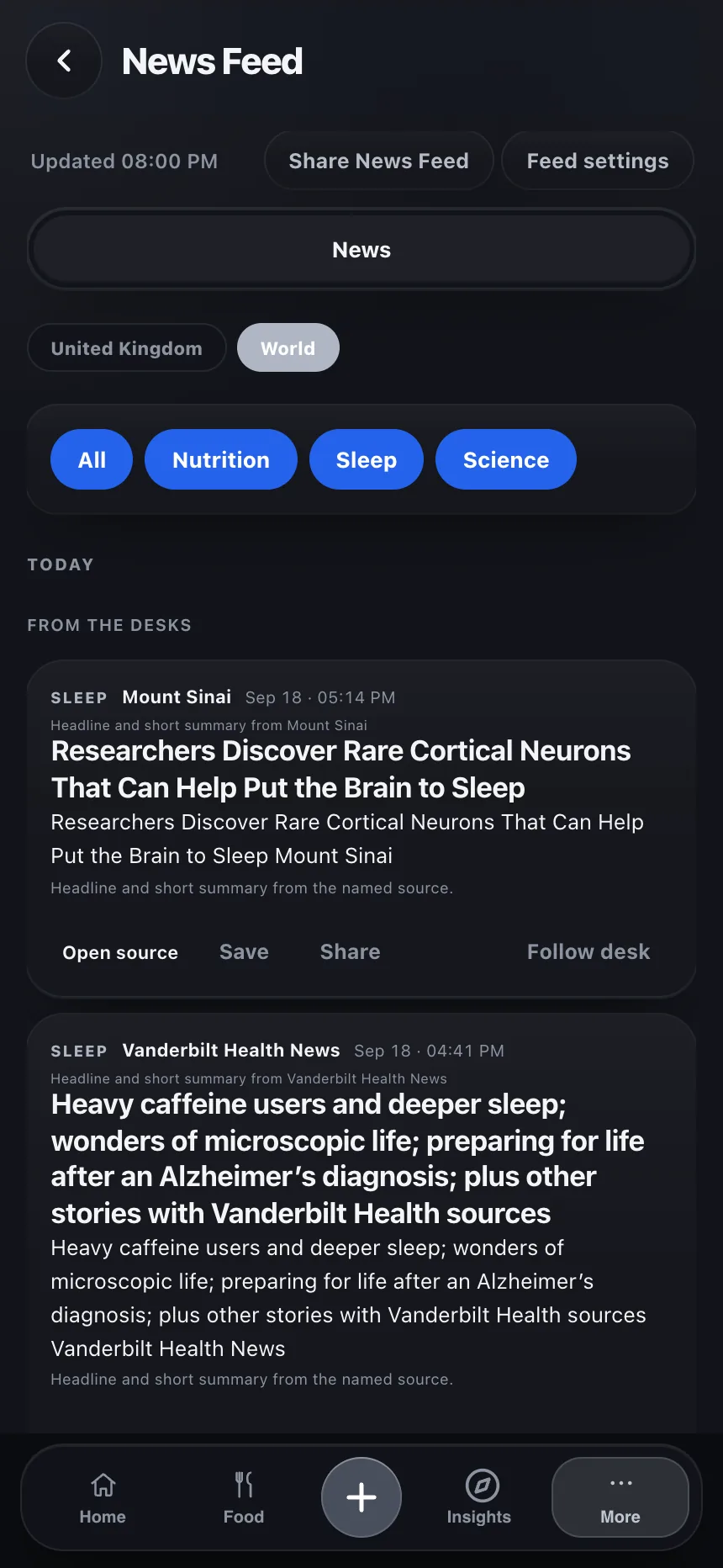 TempoLife news feed with health news and a personal selection