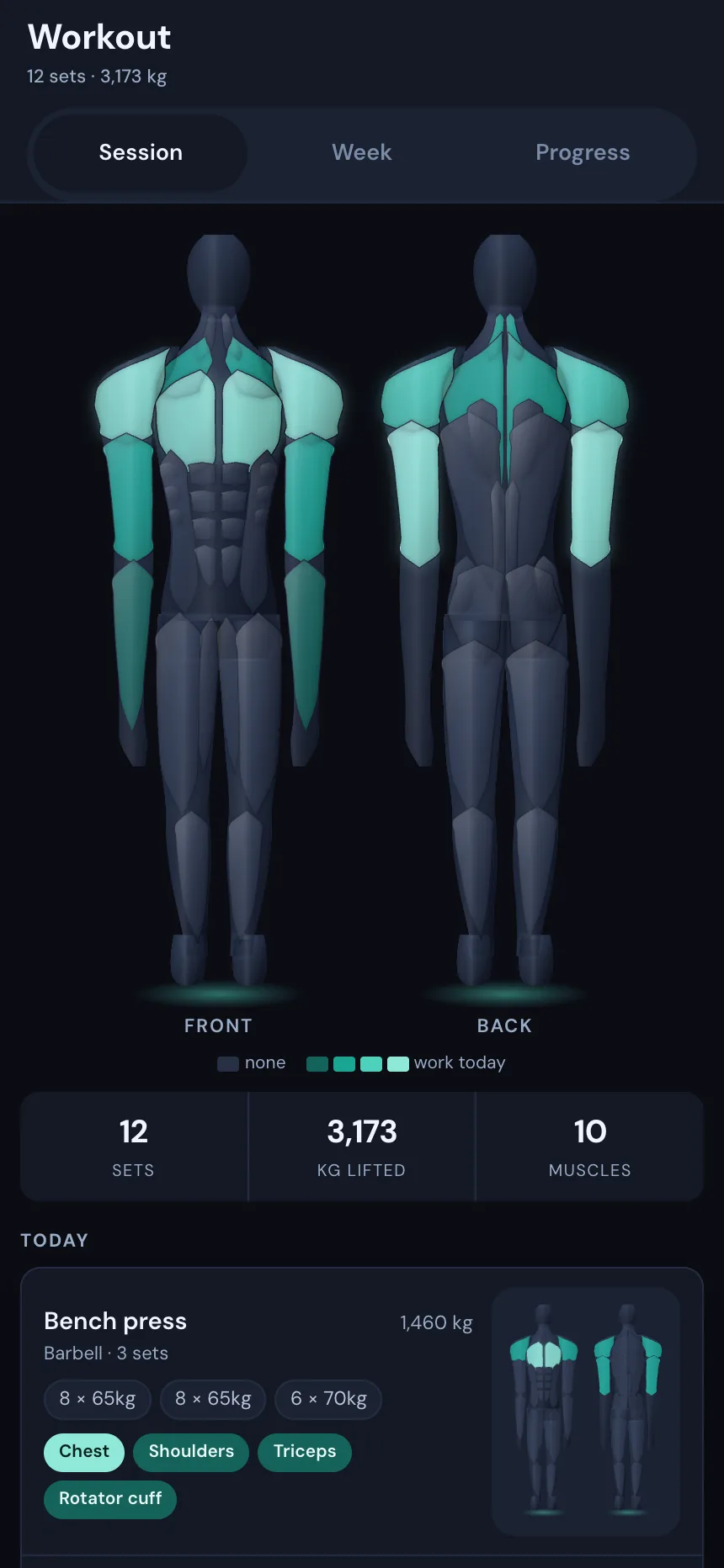 TempoLife workout screen with sets, reps, load and the muscle figure
